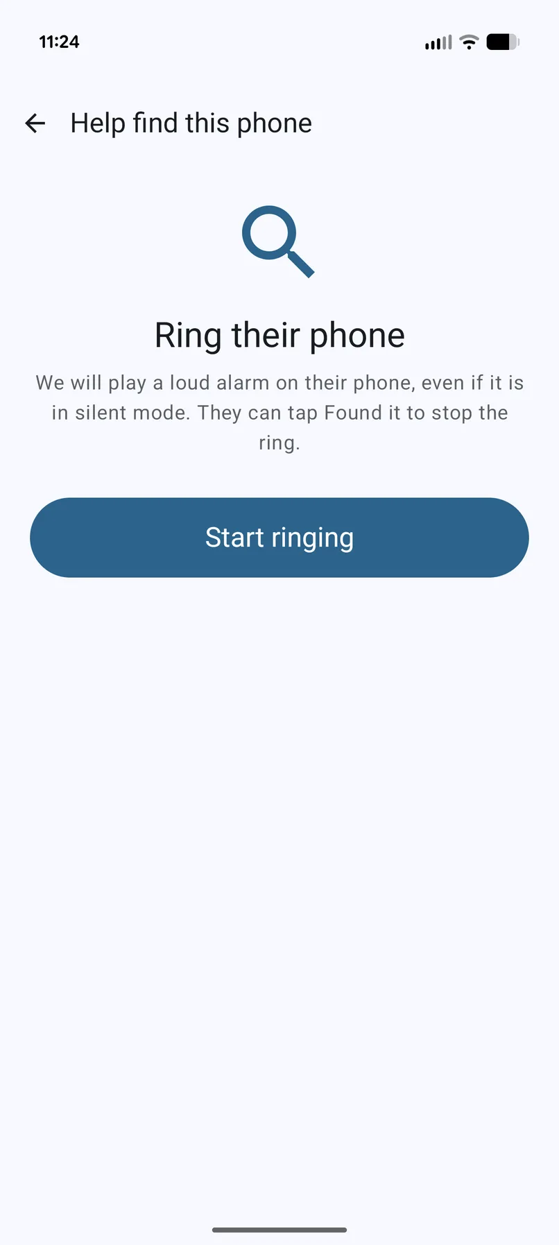 Step 1: caregiver taps Help find phone and sees the Start ringing button