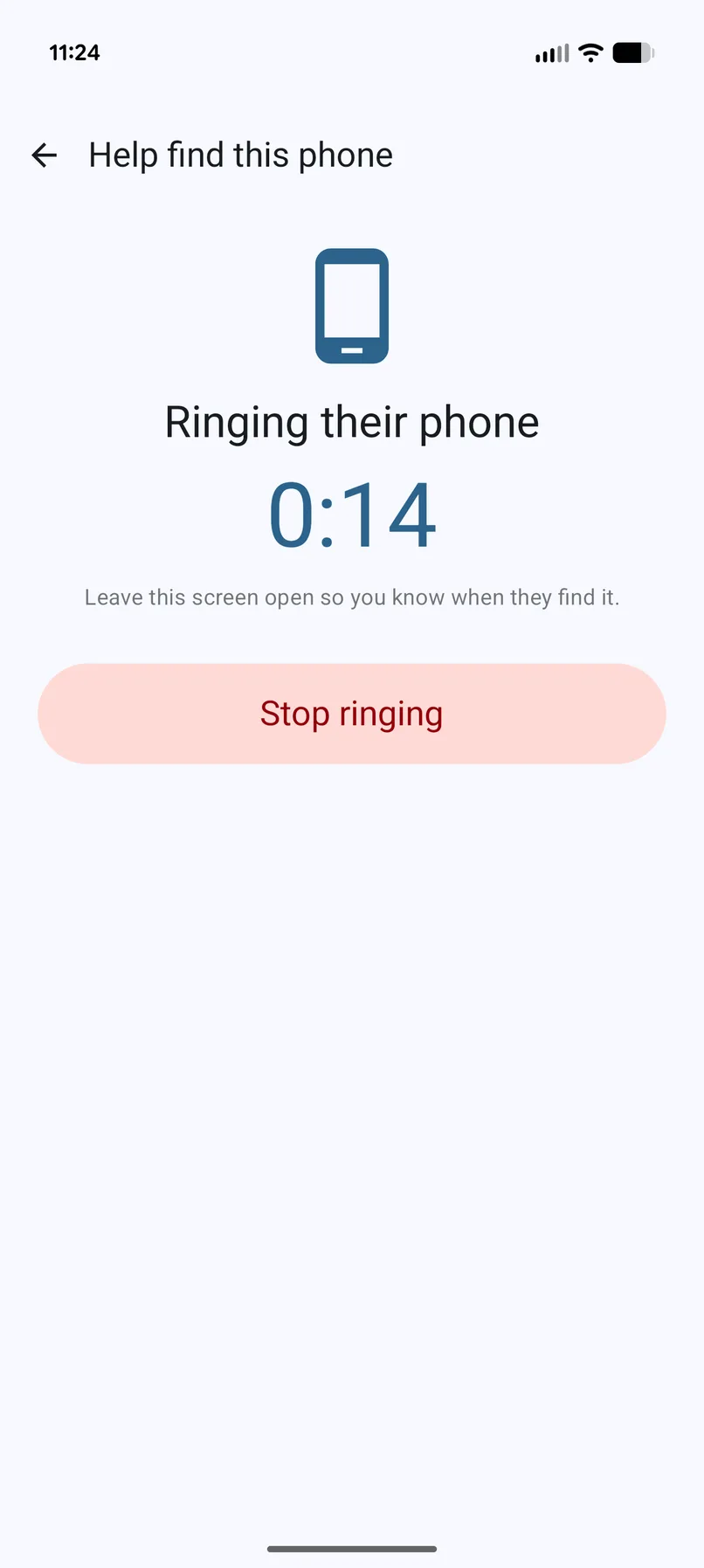 Step 3: caregiver sees a live timer while the phone is ringing, with a Stop ringing button