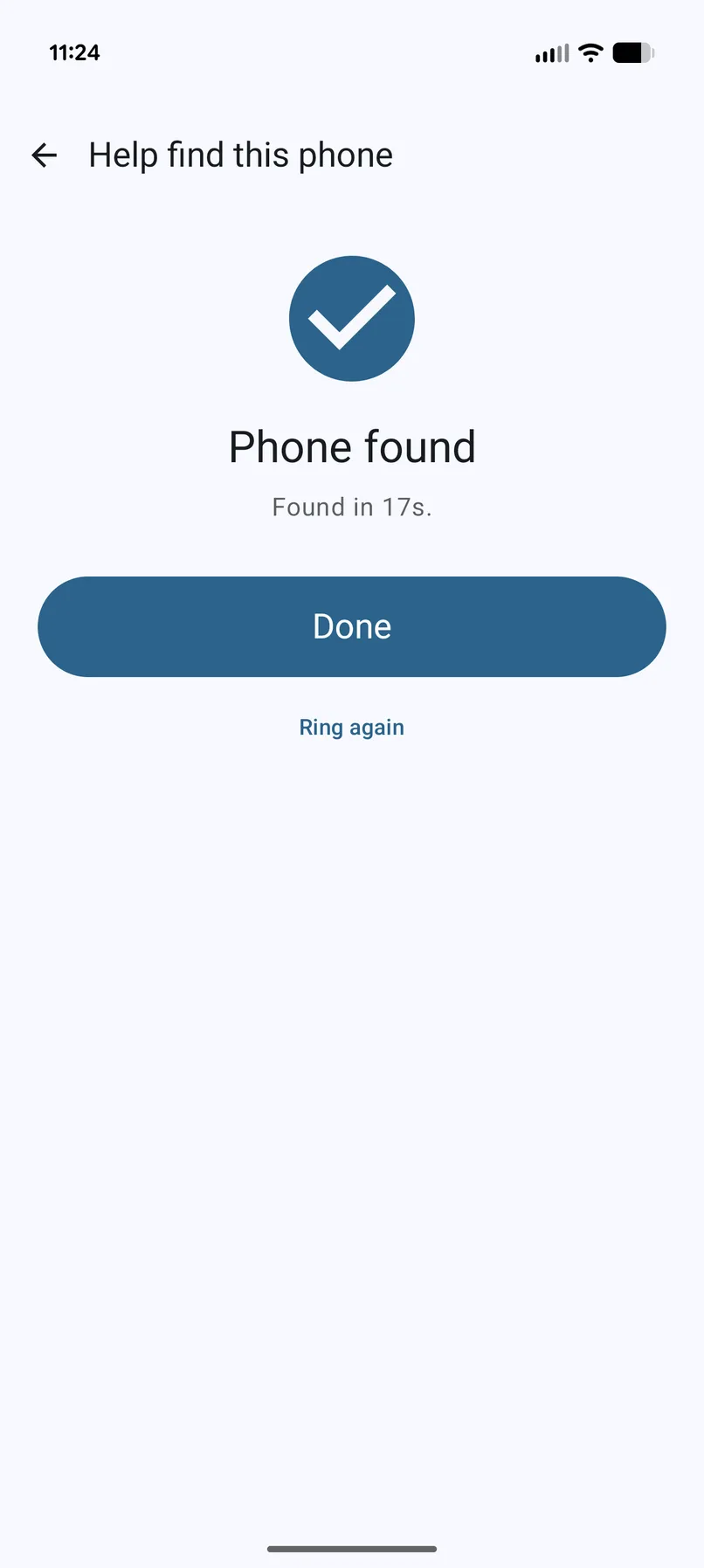 Step 4: caregiver gets a confirmation showing how long it took to find the phone