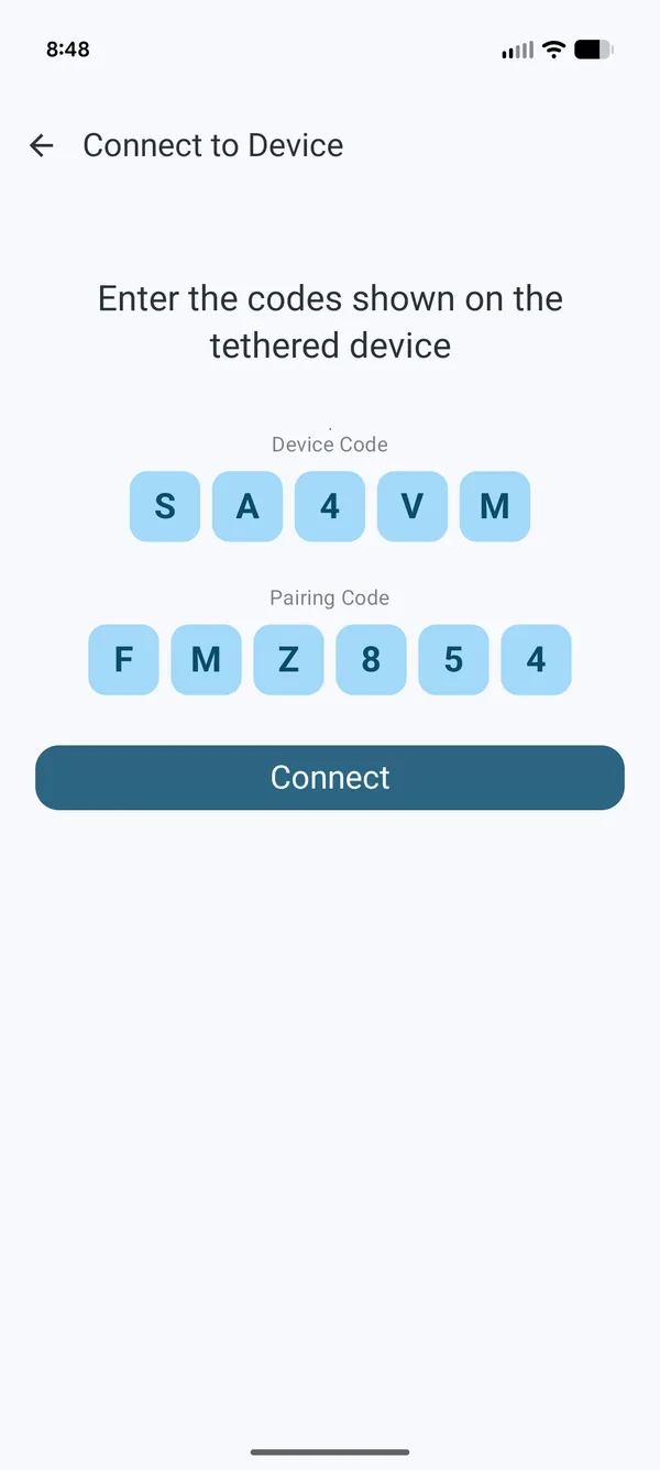 Pairing code entry on caregiver device