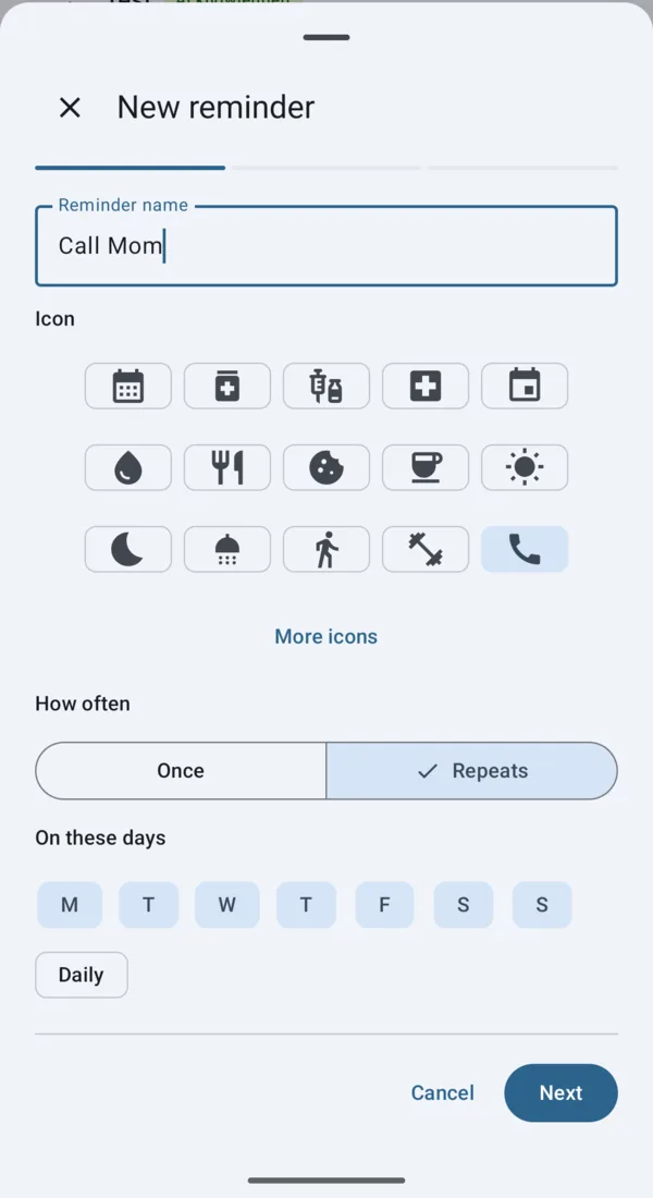 Step 1: name the reminder, pick an icon, choose Once or Repeats, and pick days