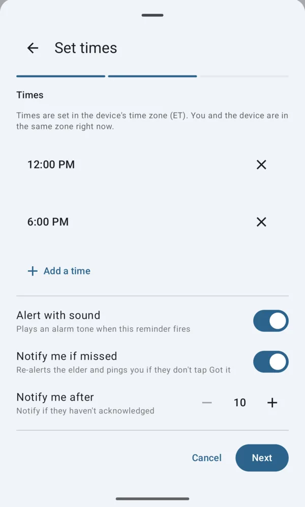 Step 2: set one or more times, toggle alarm sound and missed-reminder alerts