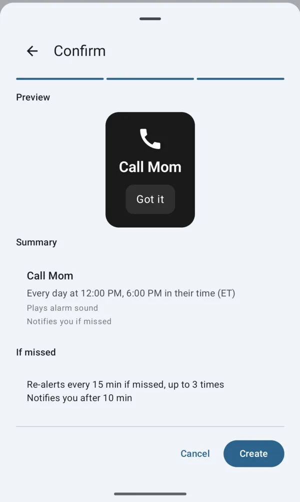 Step 3: preview how the reminder appears on their phone, review the summary, tap Create