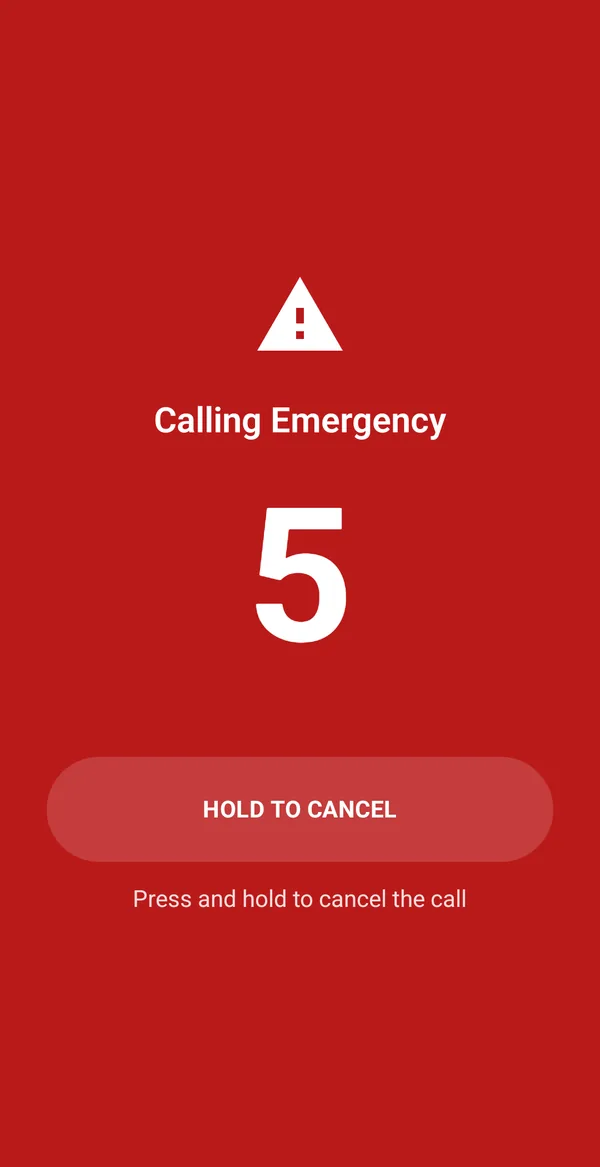 Full-screen calling emergency countdown with hold-to-cancel
